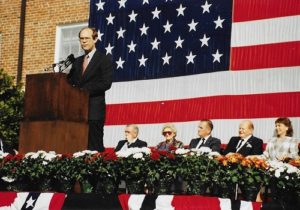 Grandson David Eisenhower addresses the crowd at the Eisenhower Centennial, 1990