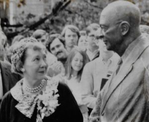 Mamie Eisenhower sees the statue of her husband for the first time.