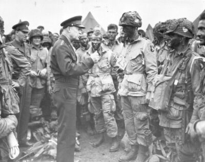 Gen Eisenhower talking with troops on D-Day June 5, 1944